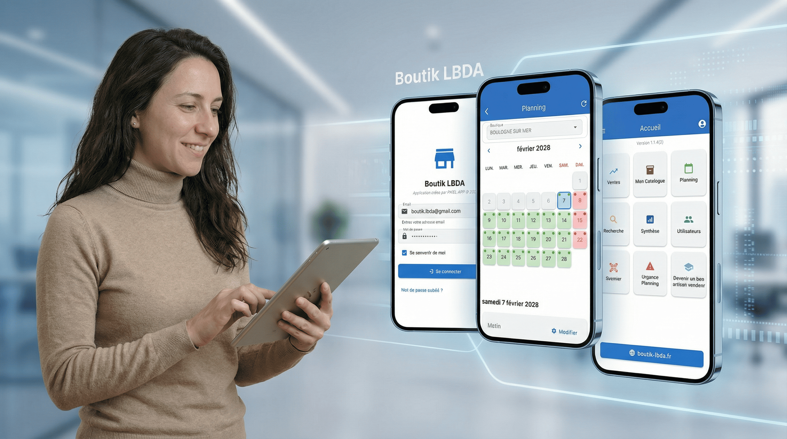 Application Boutik LBDA - Écrans de connexion, planning et accueil
